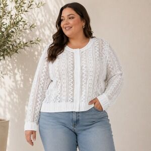 Womens 18/20 White Crochet Lace Button Front Sweater Cottagecore Romantic Boho